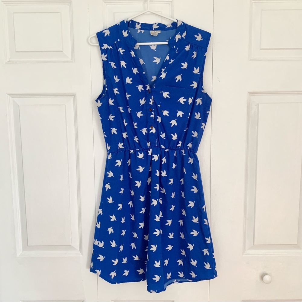 TWIK Blue V-Neck Dress with White Bird Design